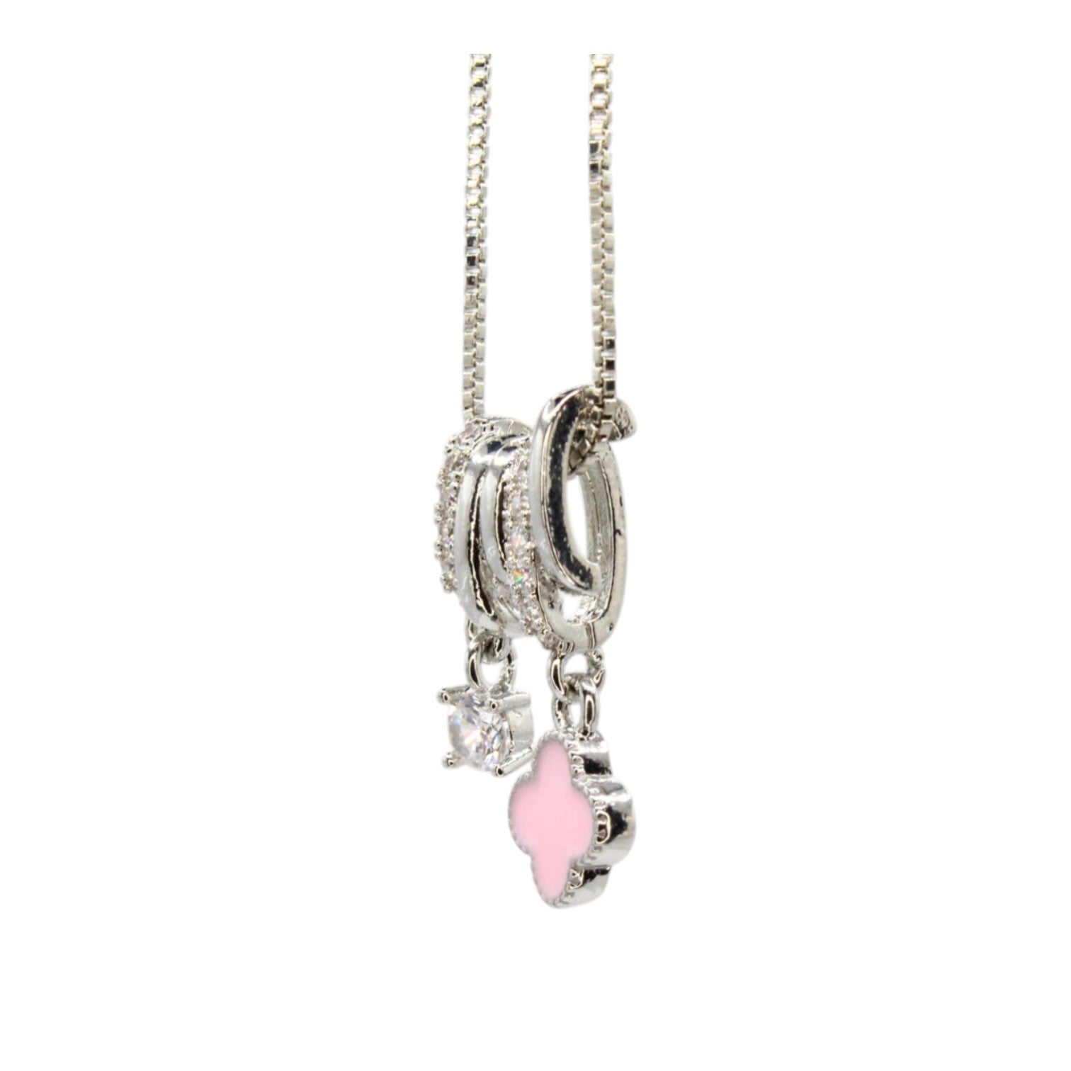 Pink Enamel Clover & CZ Solitaire Dual Charm Necklace
