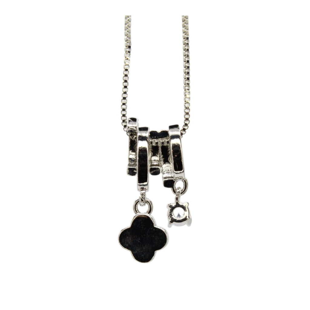 Pink Enamel Clover & CZ Solitaire Dual Charm Necklace