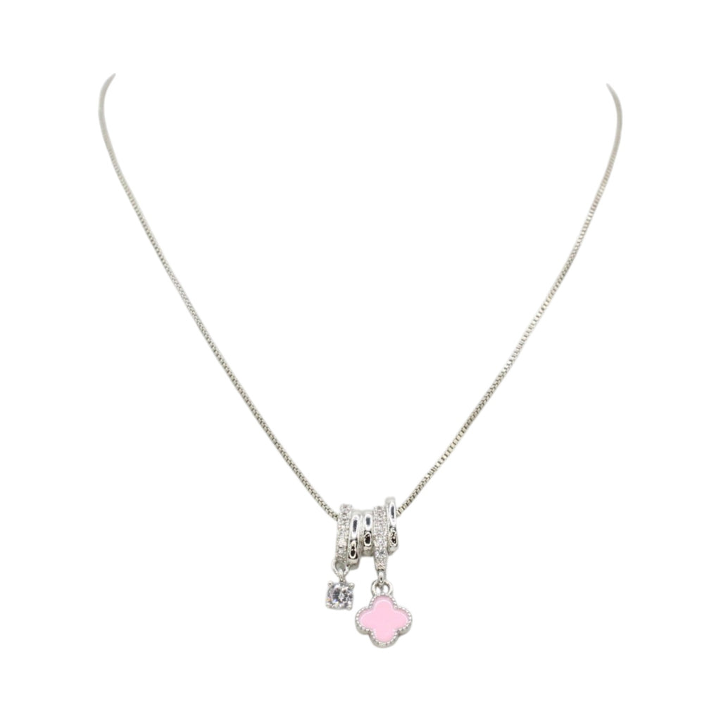 Pink Enamel Clover & CZ Solitaire Dual Charm Necklace