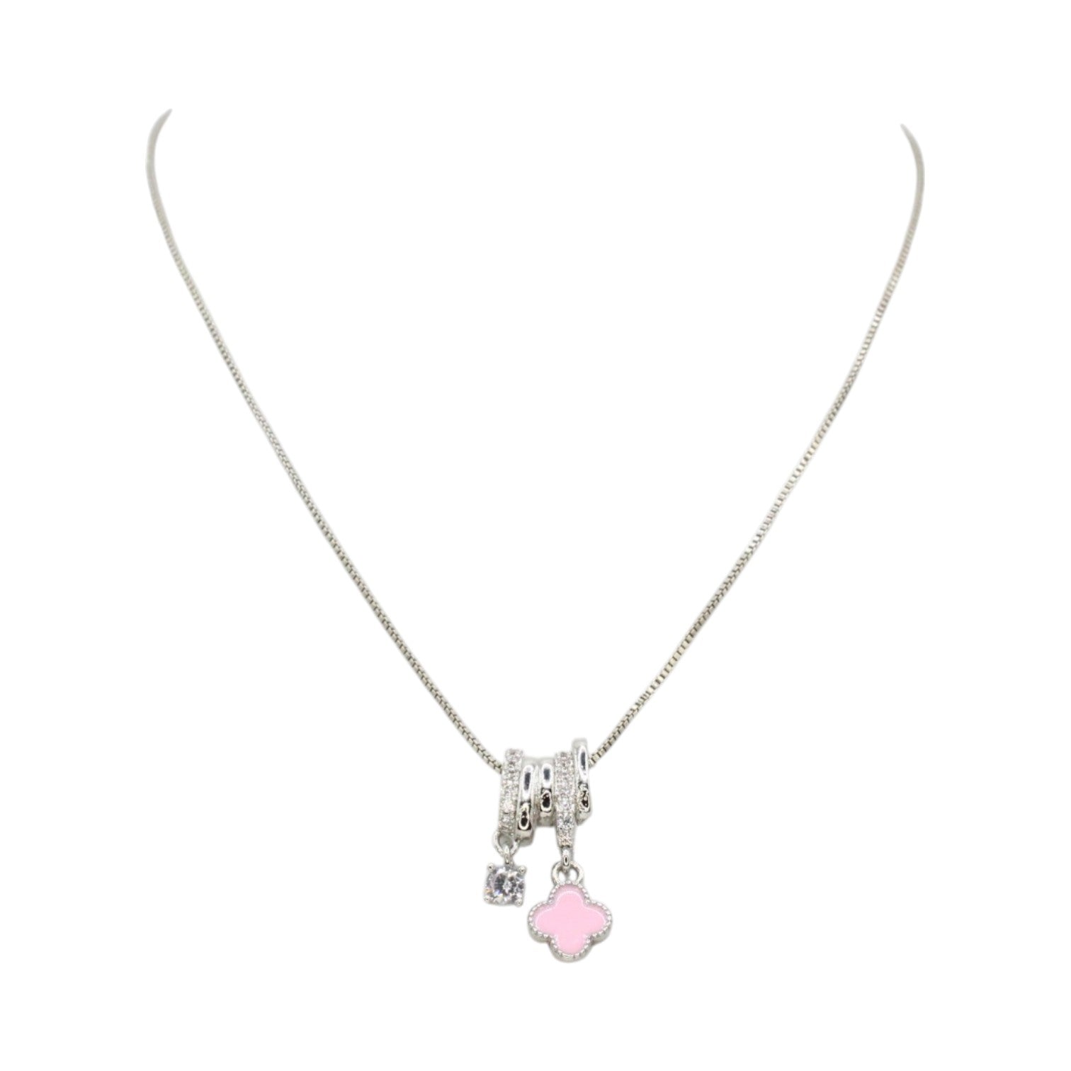 Pink Enamel Clover & CZ Solitaire Dual Charm Necklace