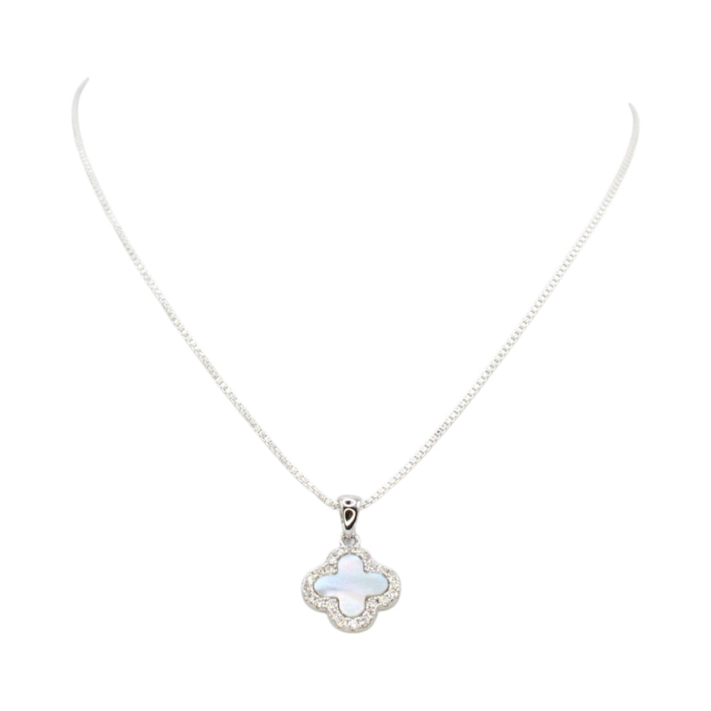 Mother of Pearl Moissanite Halo Clover Necklace