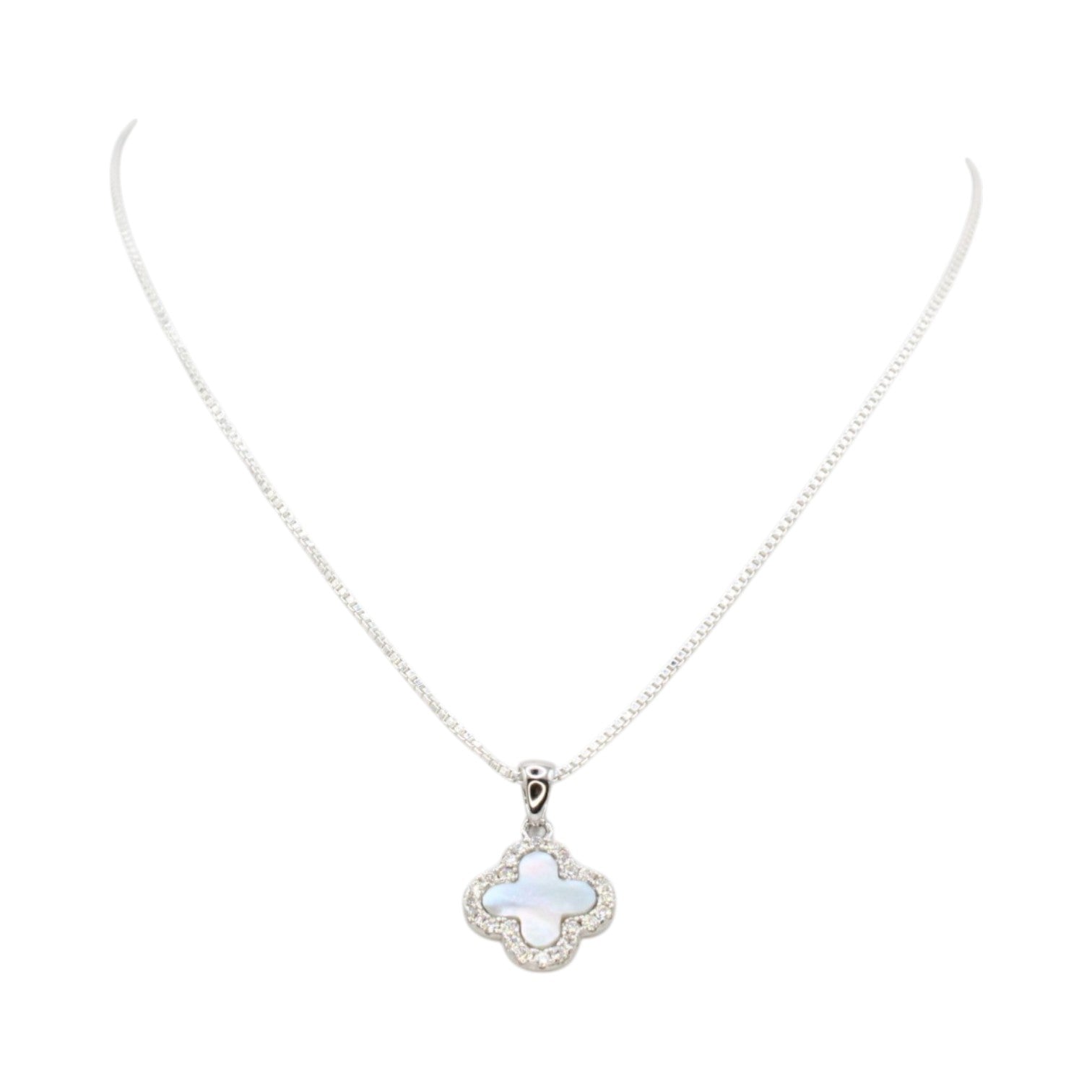Mother of Pearl Moissanite Halo Clover Necklace