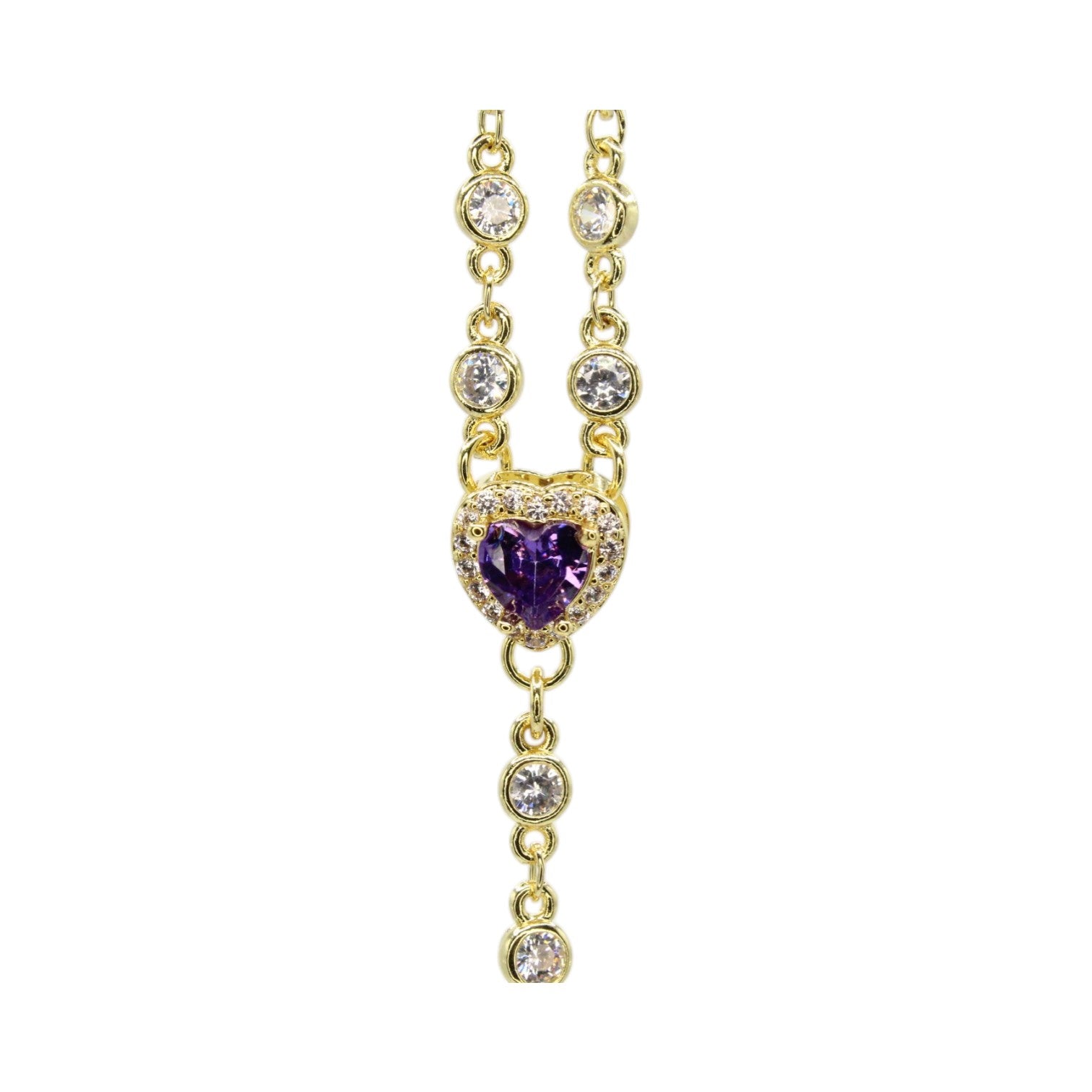 Lariat Amethyst Heart w CZ Bezel Necklace