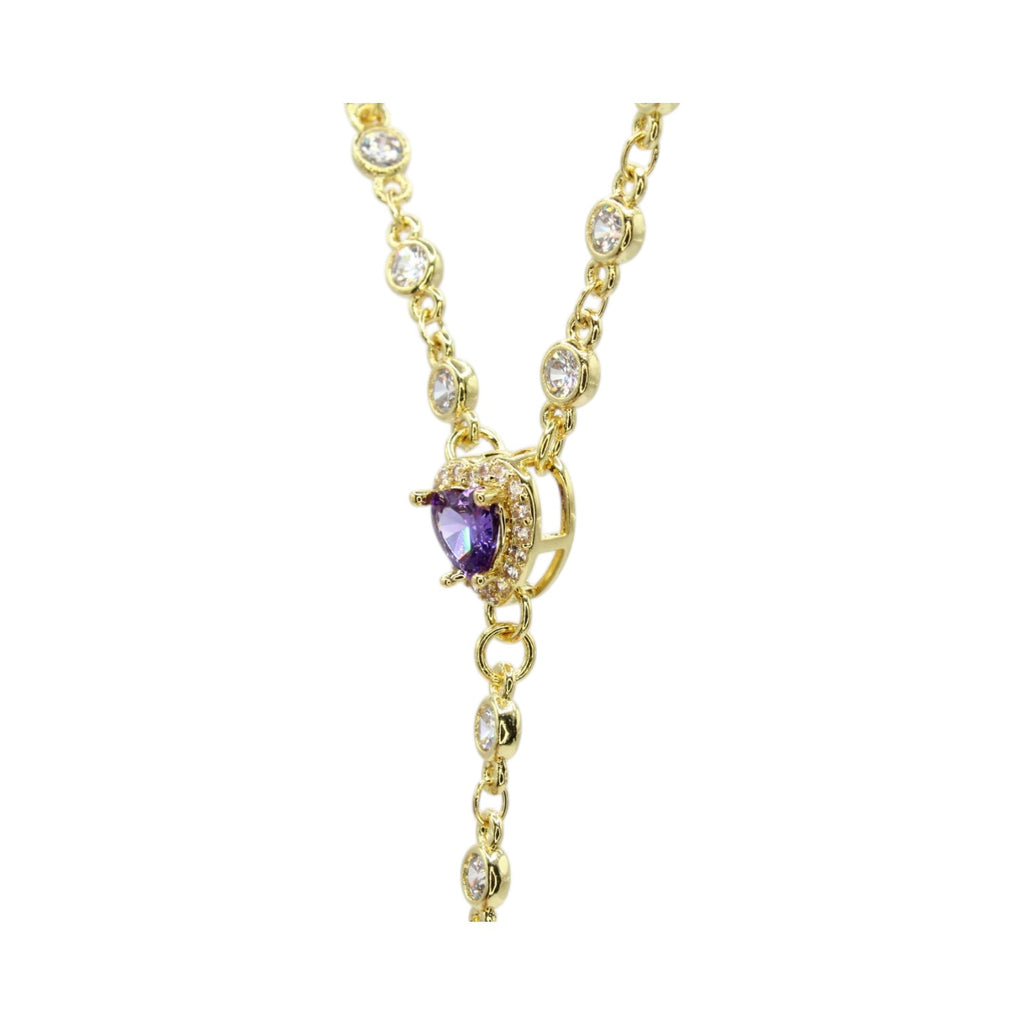 Lariat Amethyst Heart w CZ Bezel Necklace