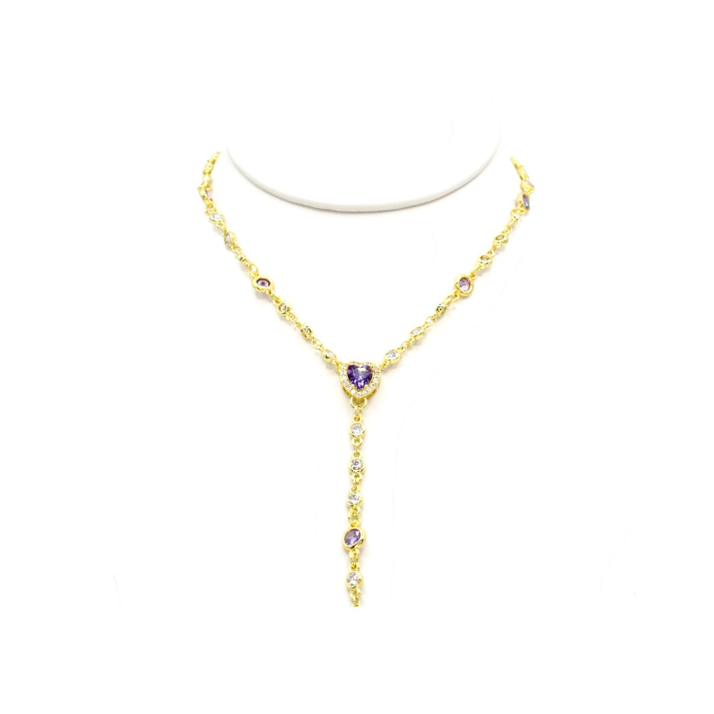 Lariat Amethyst Heart w CZ Bezel Necklace