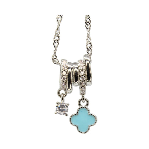 Baby Blue Enamel Clover & CZ Solitaire Dual Charm Necklace