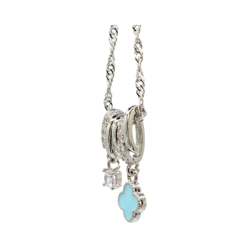 Baby Blue Enamel Clover & CZ Solitaire Dual Charm Necklace
