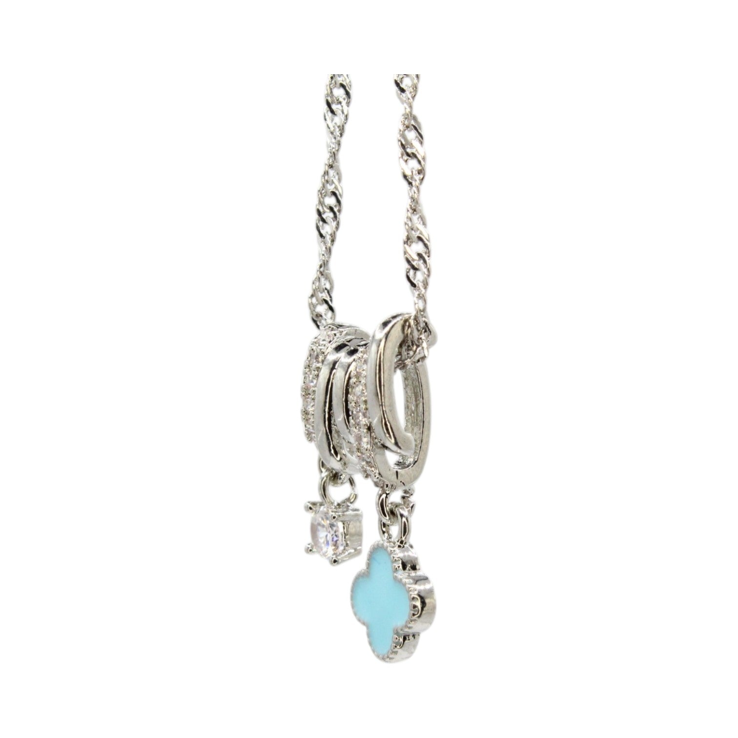 Baby Blue Enamel Clover & CZ Solitaire Dual Charm Necklace