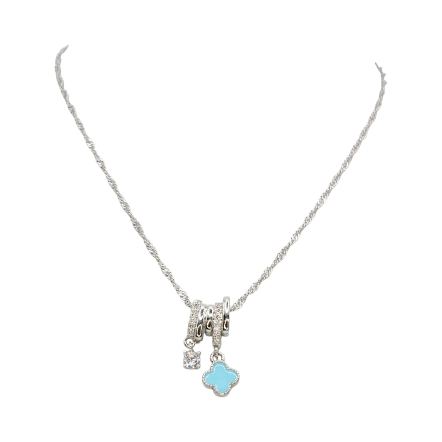 Baby Blue Enamel Clover & CZ Solitaire Dual Charm Necklace