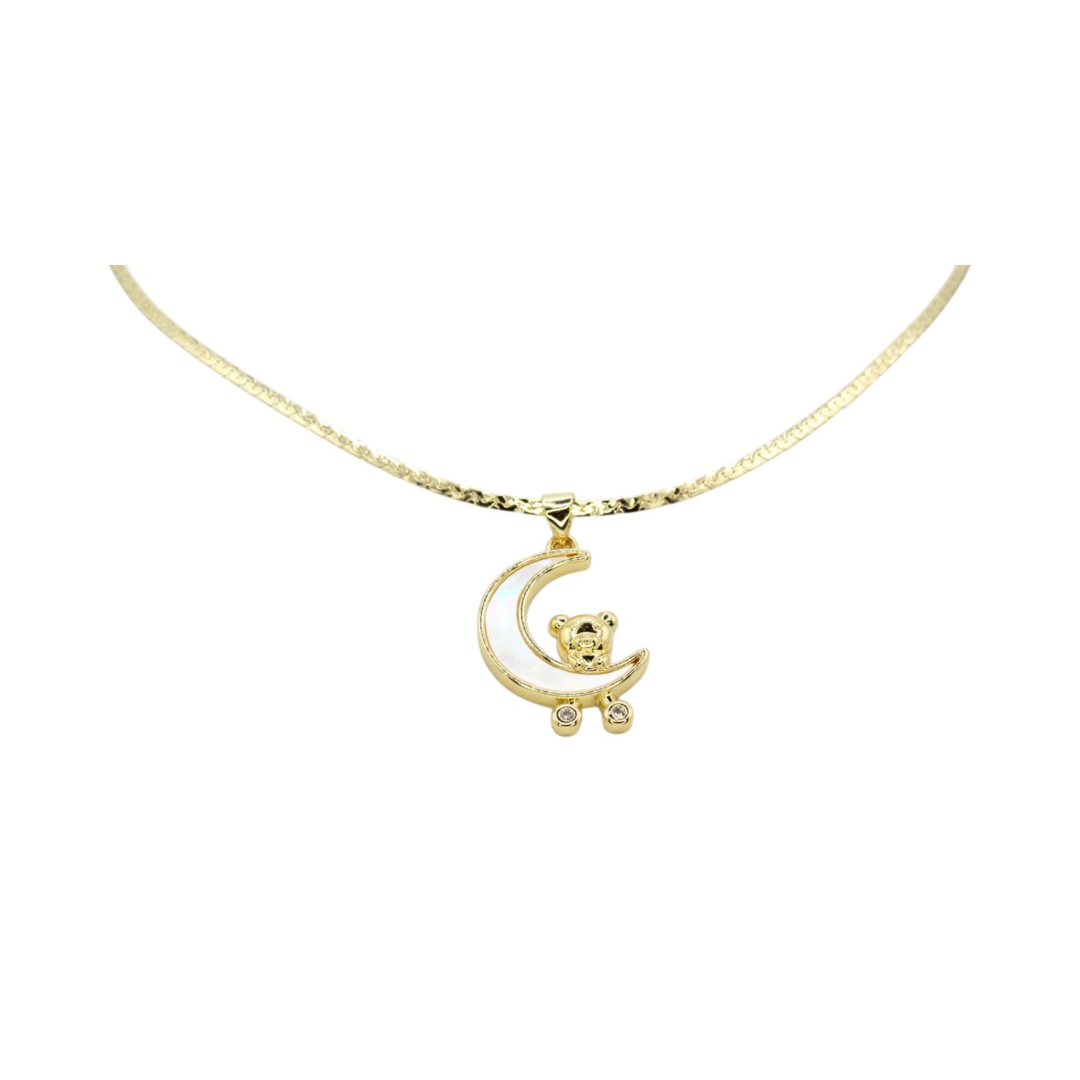 Mother of Pearl Crescent Moon & Bear Necklace