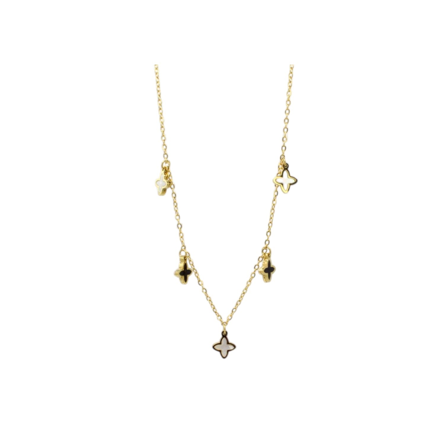 Double Chain Black Onyx & Mother of Pearl Clovers Necklace