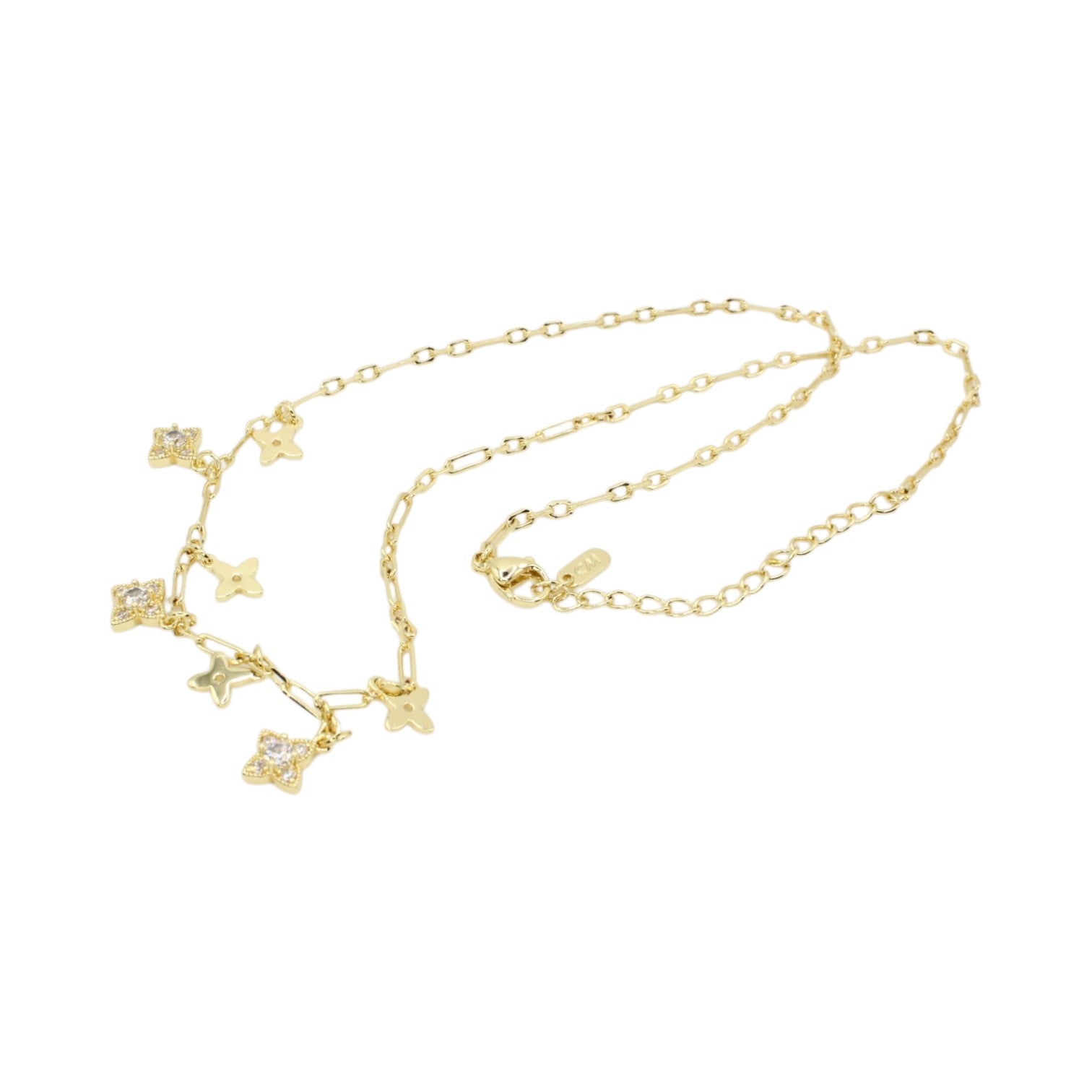 CZ & Gold Alternating Clover Dangles Necklace