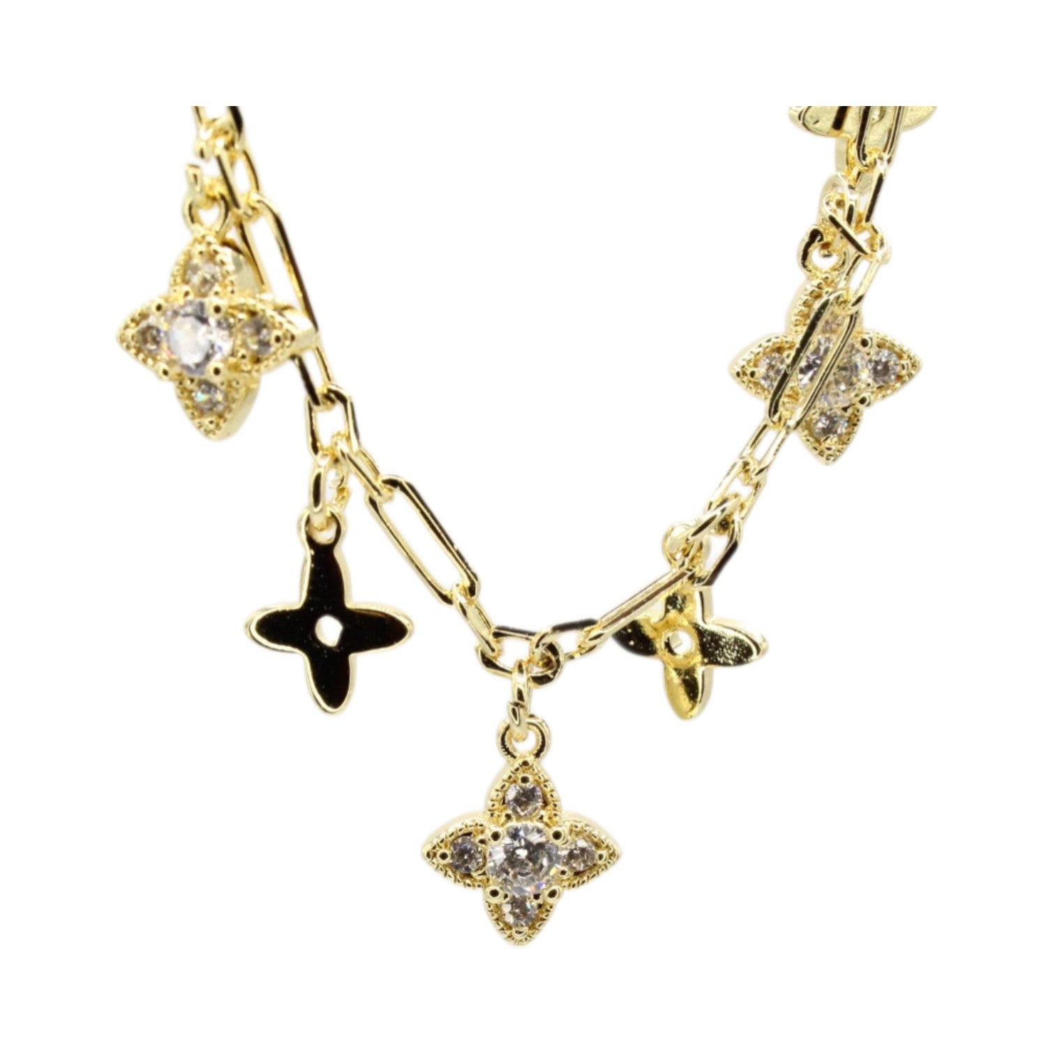 CZ & Gold Alternating Clover Dangles Necklace