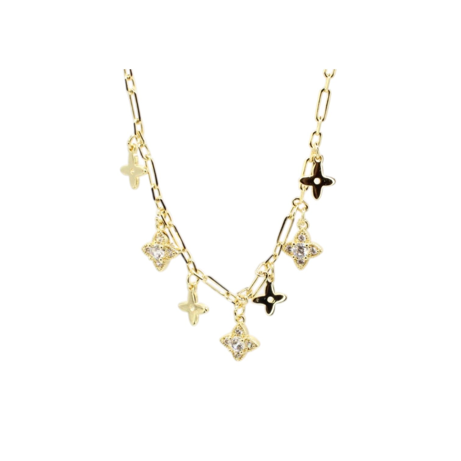 CZ & Gold Alternating Clover Dangles Necklace