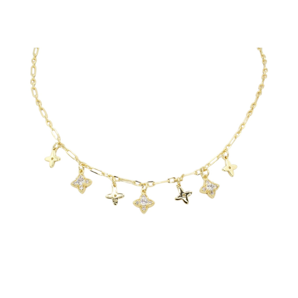 CZ & Gold Alternating Clover Dangles Necklace