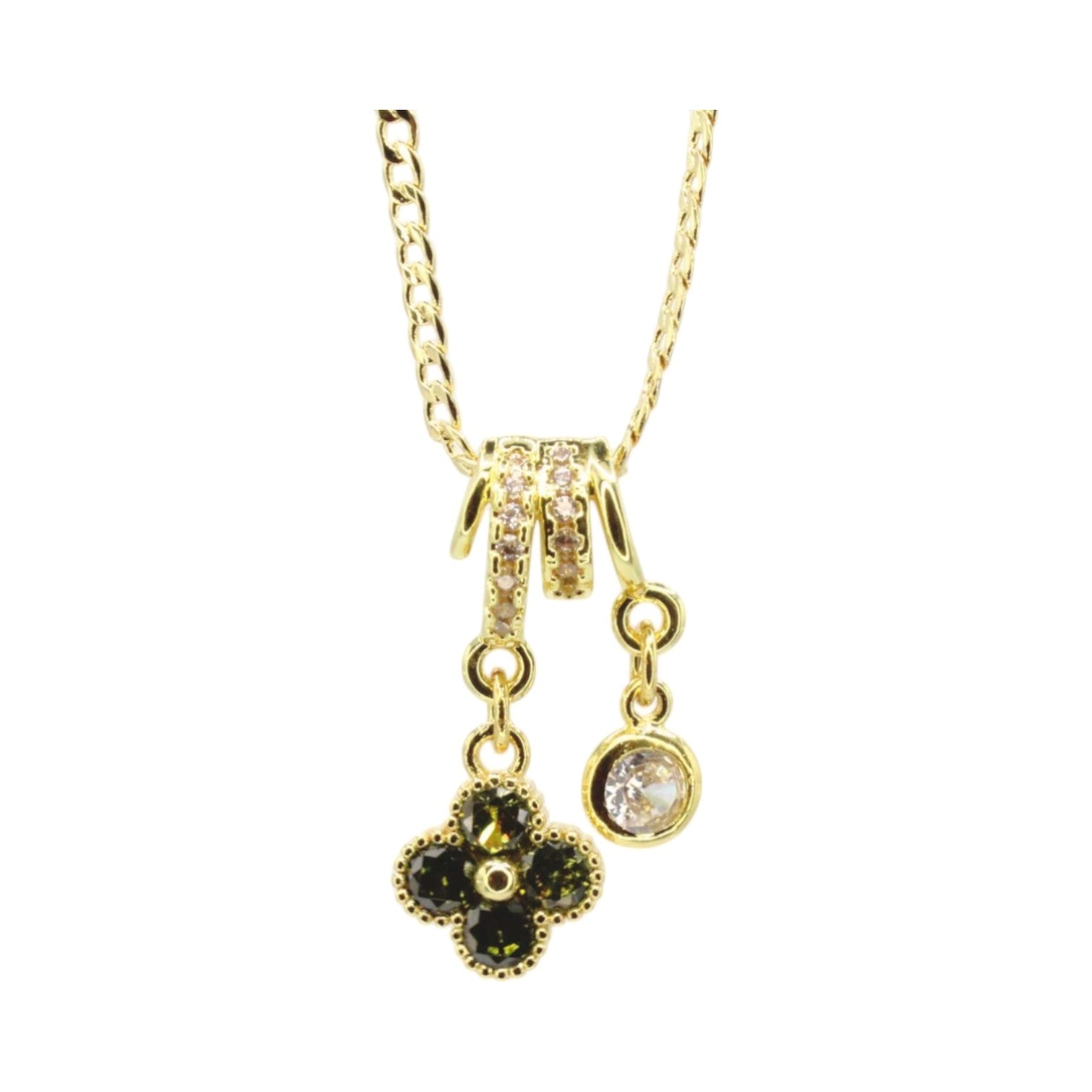 Olive Green CZ Clover Double Charm Necklace