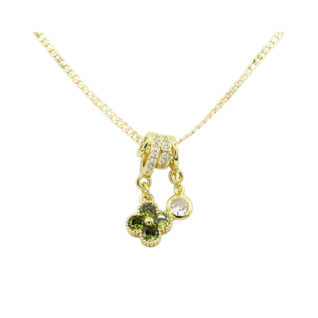 Olive Green CZ Clover Double Charm Necklace