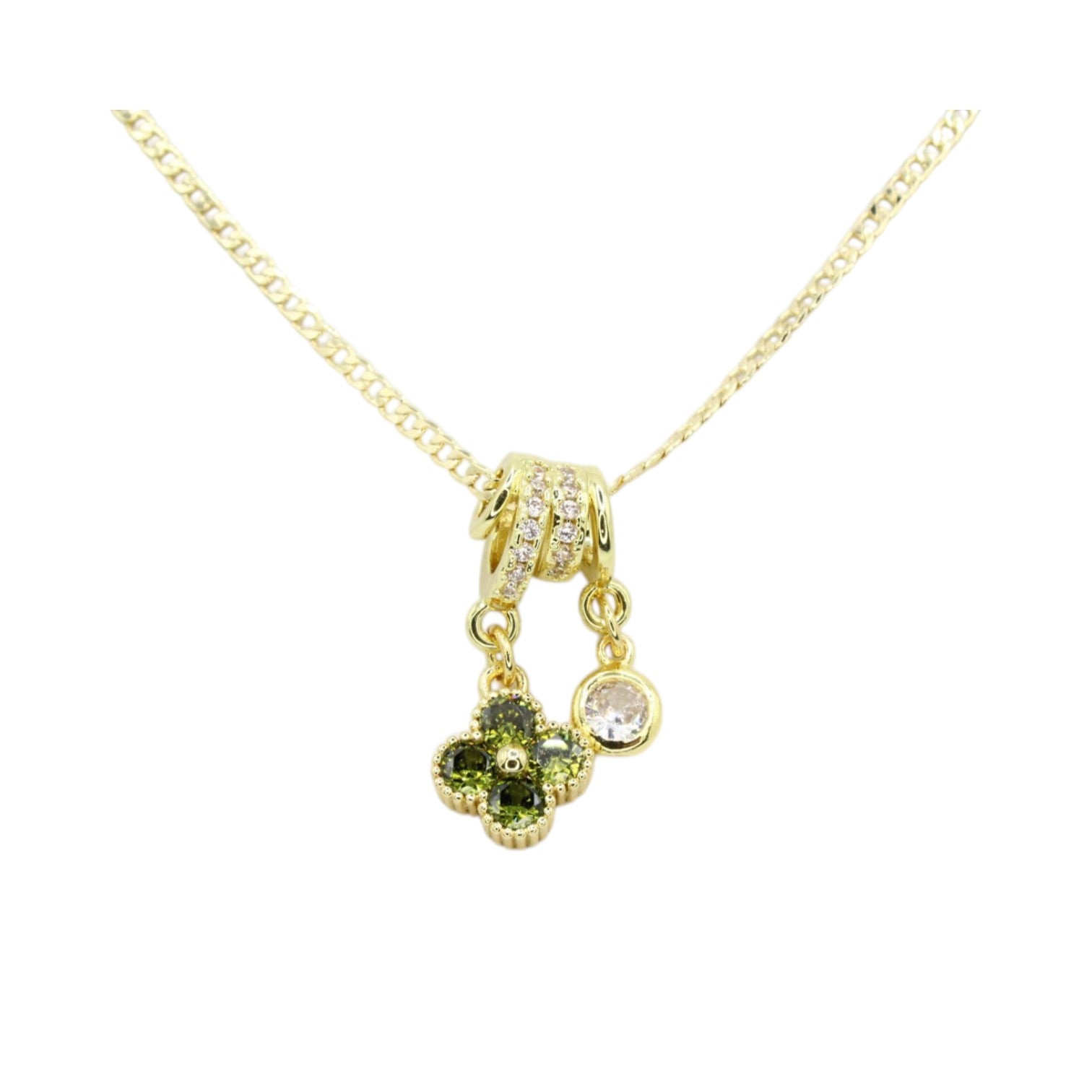Olive Green CZ Clover Double Charm Necklace