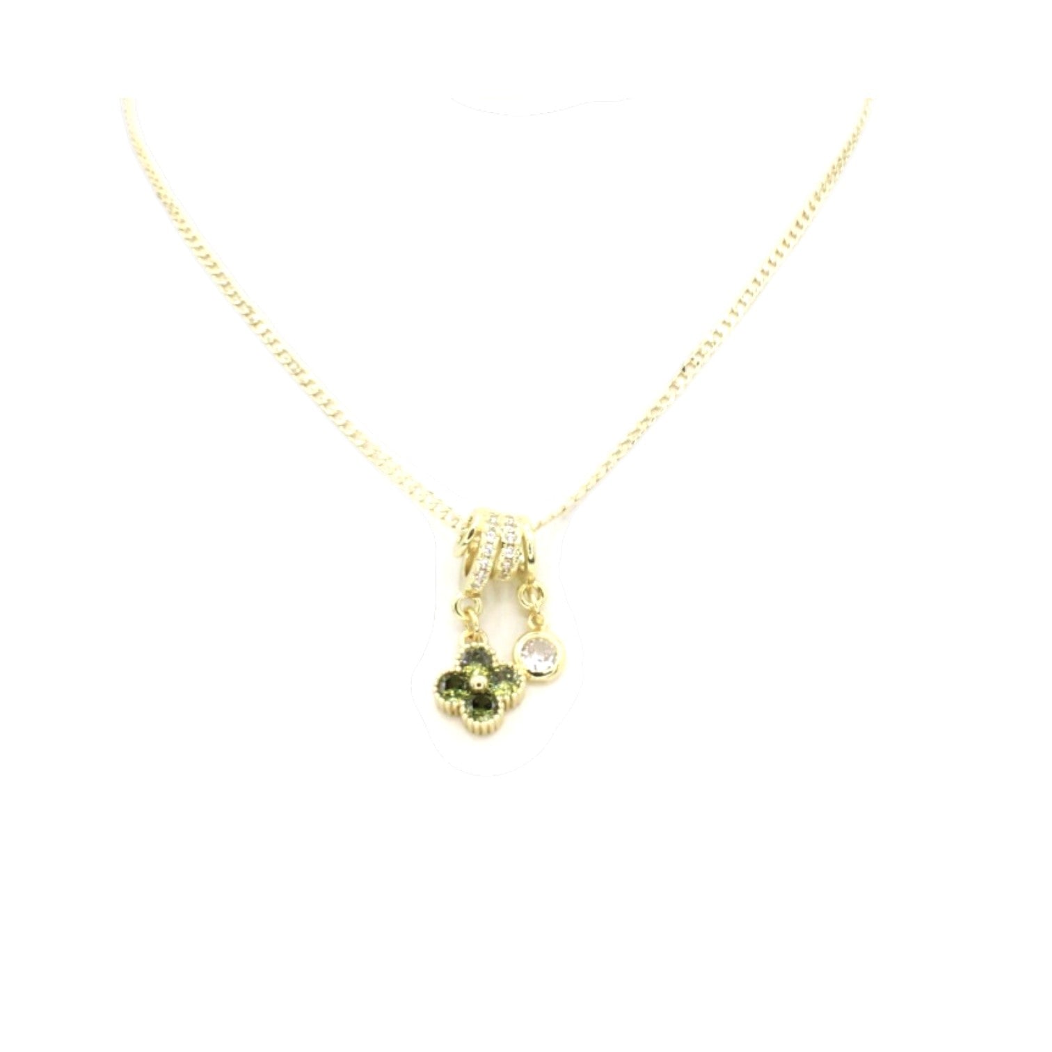 Olive Green CZ Clover Double Charm Necklace