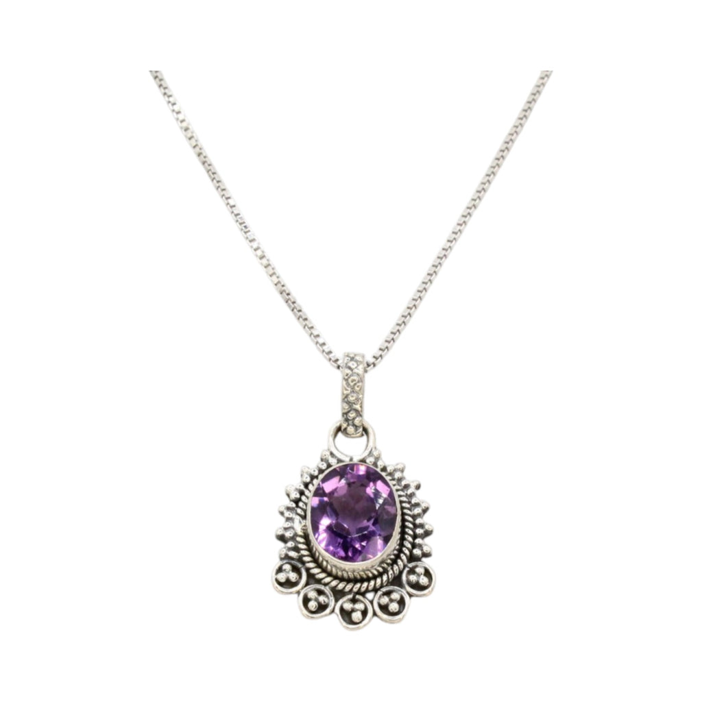 Genuine Amethyst Oval Bezel w/Beaded Setting Necklace