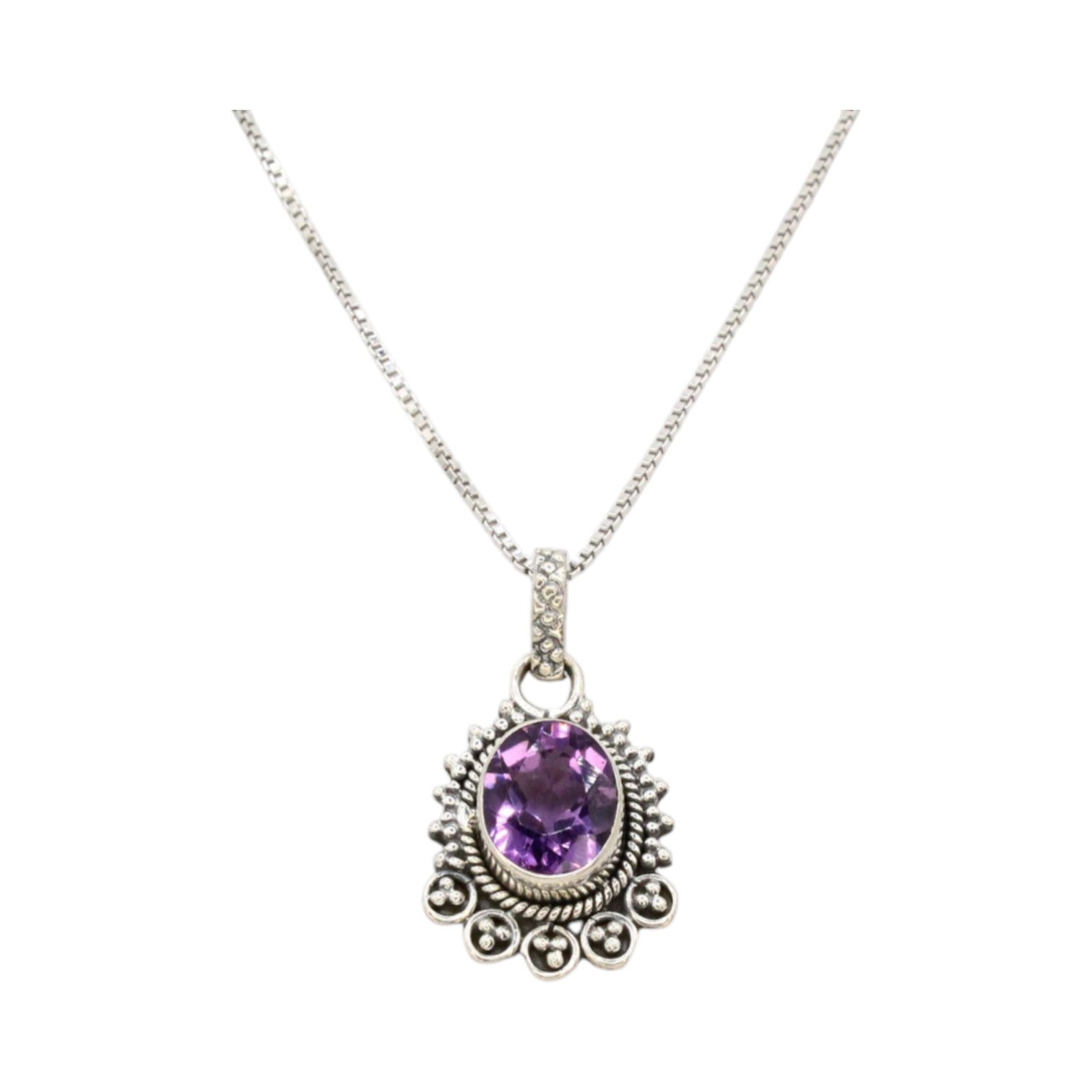 Genuine Amethyst Oval Bezel w/Beaded Setting Necklace