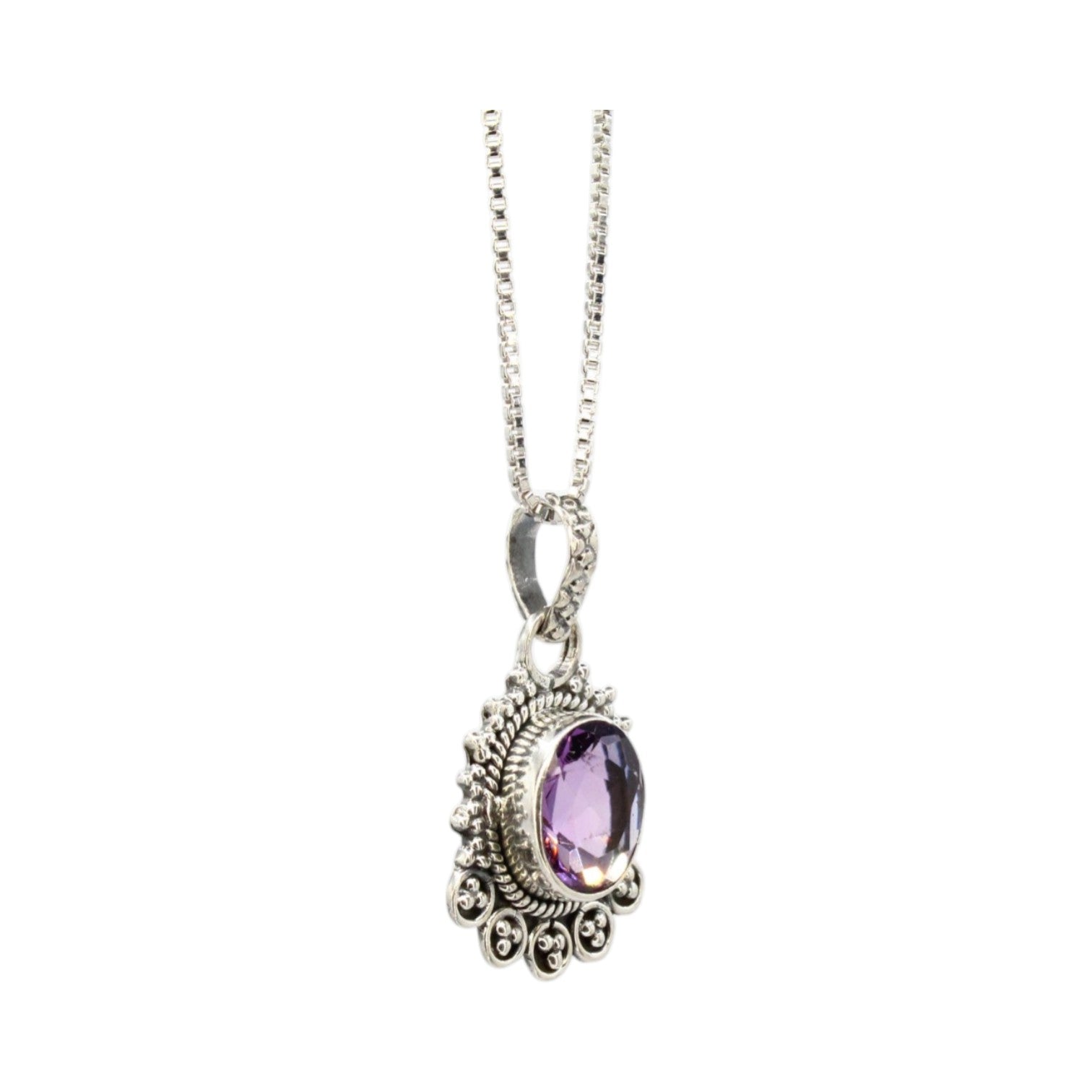 Genuine Amethyst Oval Bezel w/Beaded Setting Necklace
