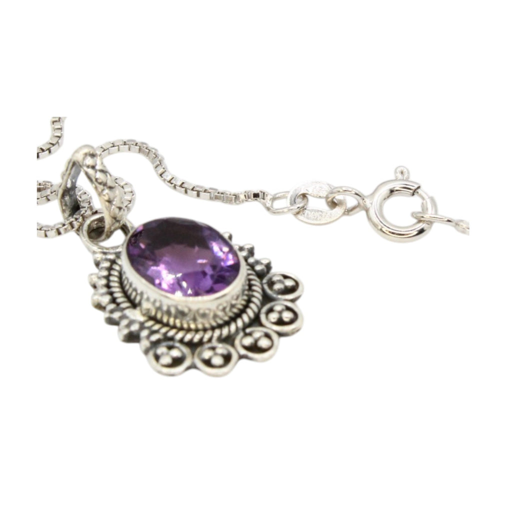 Genuine Amethyst Oval Bezel w/Beaded Setting Necklace