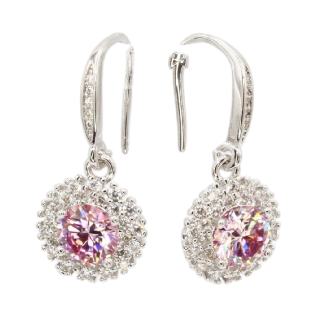 Sakura Pink Moissanite Halo Dangle Earrings