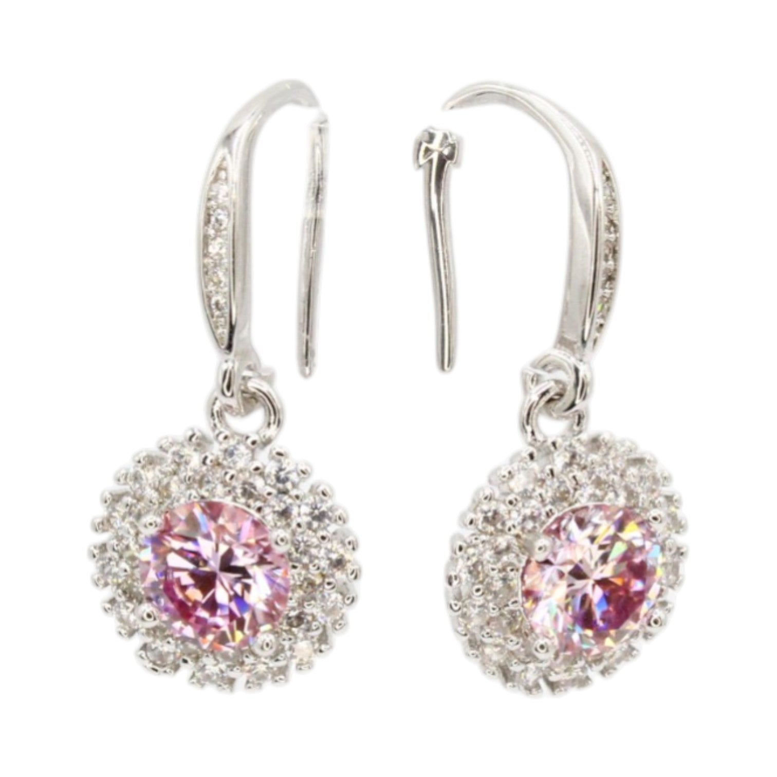 Sakura Pink Moissanite Halo Dangle Earrings