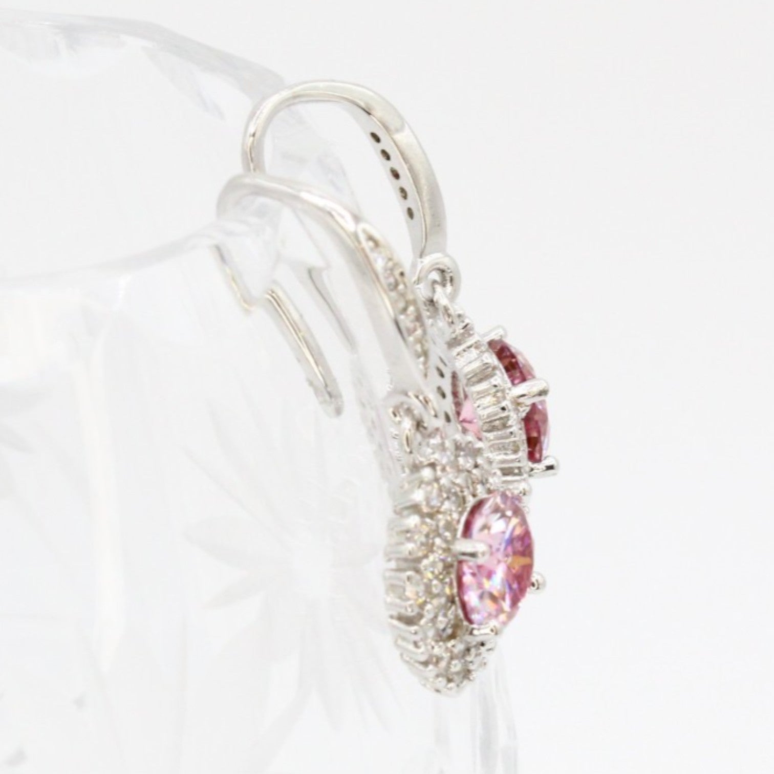 Sakura Pink Moissanite Halo Dangle Earrings